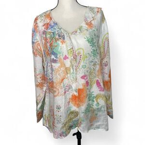 Soft Surroundings 100% Linen Adeline Multicolored Paisley Floral Long Sleeve Top